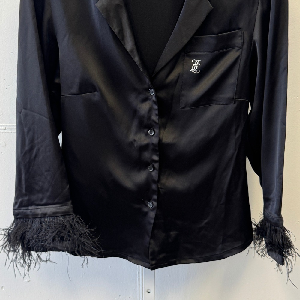 Juicy Couture Black Satin Feather Trim Pajama Top Rhinestone JC Logo Mens Small - Picture 4 of 12
